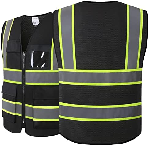 Защитни жилетки от черна вкара плат с висока видимост HATAUNKI с 8 джобове и преден цип, жилетка за безопасност hi