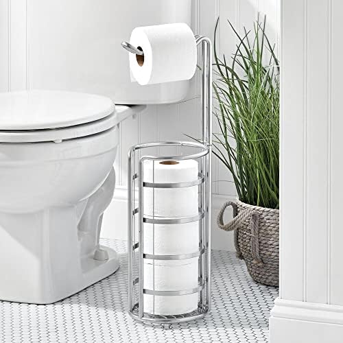 mDesign Метална Декоративна свободно стояща поставка за тоалетна хартия и Диспенсер с място за съхранение на 3 допълнителни