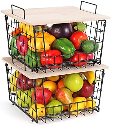HEOMU 2 Опаковки Кошница за плодове и зеленчуци с Дървени Плотове, Штабелируемый Органайзер за Кухненски Плот, Метална
