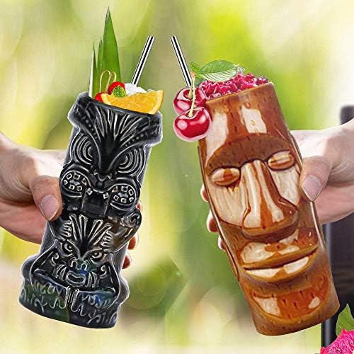 Коктейлна набор от Tiki Mugs от 4 Чаши, Керамични хавайски Чаши Luau за Партита, Посуда за напитки, Сладки Екзотични Чаши за Коктейли, Професионална хавайски прибори за па?