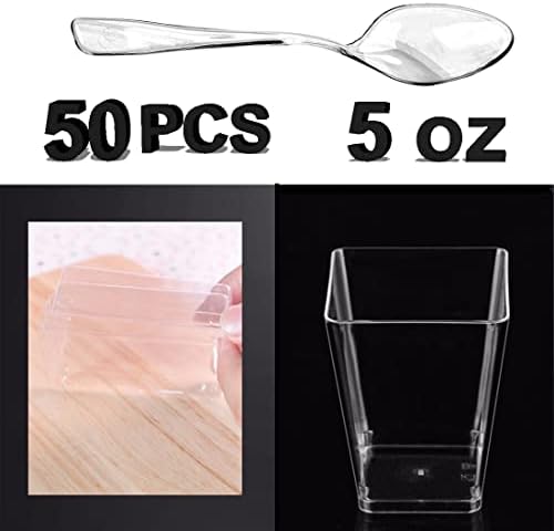 50 Опаковки 5 грама Прозрачни Пластмасови Десертни Чаши с Капаци и Лъжици, за Еднократна употреба, мини-Квадратни картонени
