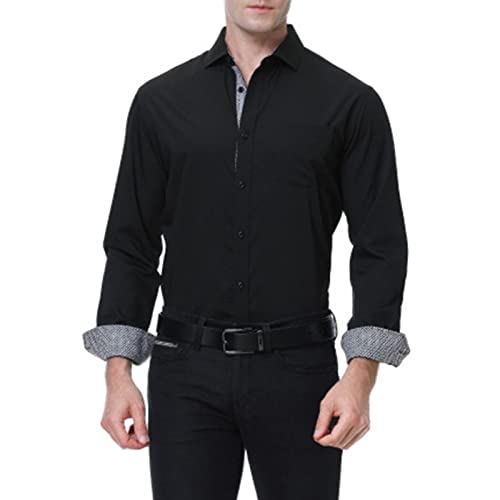 Мъжки Ежедневни Риза Без бръчки, Ризи с копчета от Бамбуково влакно, Обикновена плътно Прилепнали Ризи с дълъг ръкав (в Черно, Средно)