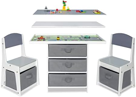 Набор от игрални маси и столове Milliard Kids 3 в 1 от дърво с кошници за съхранение, Съвместими с конструктори Lego и Duplo, Мебели за настолни игри модерен Сив цвят