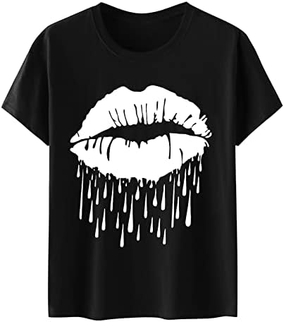 Тениска с графичен Дизайн Устни за Момичета Есен-Лято 2023, Къс Ръкав, през Цялата Силует, Без Приятелка, Секси Тениска