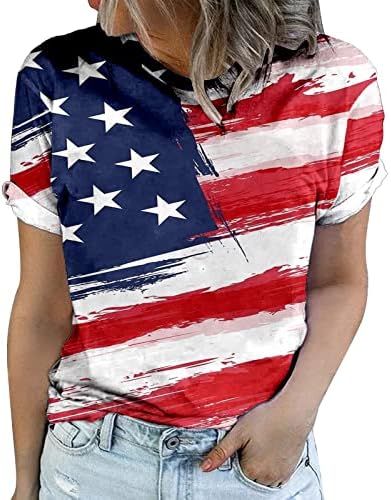 На 4 юли Дамски Ризи С Флага на САЩ Лятна Тениска С Къс ръкав V Образно деколте В Ивица със Звездите на Свободния
