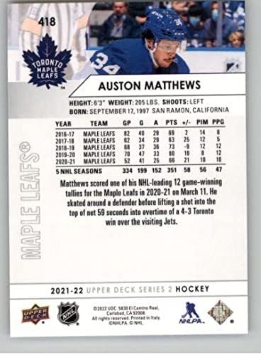 2021-22 Горната палуба 418 Остон Матюс Торонто Мейпъл Лийфс 2 - серия Хокейна карта НХЛ