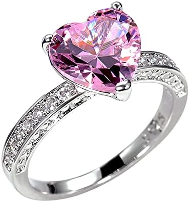 2023 Женски Пръстен с Цирконием и диамантен пръстен във формата на Сърце Любов, Годежен Пръстен, Нежен Пръстен (Розово, 9)