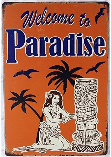 Добре дошли в Paradise Hawaii Бар в стил Тики Декоративна Метална Табела 20 х 30 см