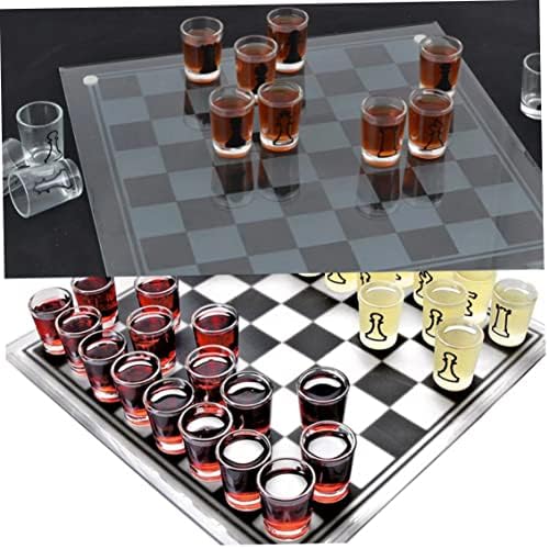 Eaarliyam Стъклен Шах Комплект Шах и Вино Купа на Игри Чаша За Пиене Комплект Шах за Възрастни, Стъклен Шах Комплект