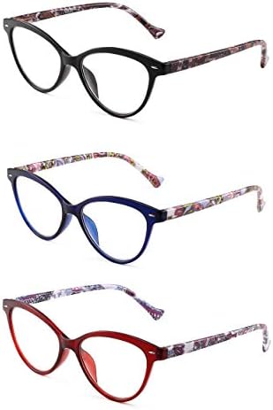 JM 3 Опаковки Очила за четене Котешко око за Жените, Очила за Четене с Пружинным тръба на шарнирна Връзка, Цветя Модел