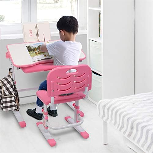 Детска маса и столове с Поставка за четене, Подвижен плот е 70 см Може да се Наклони Детска маса за обучение (розов)