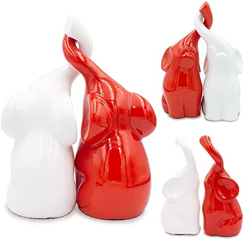 Червени и бели Фигурки на Слонове с повдигнати на със замах през рамо - Декоративни Фигурки на Слонове от Полистоуна