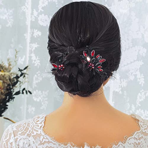 Campsis Сватбени кристални игли за коса, украса за коса с черно цвете, сватбени аксесоари за коса с цветя модел за жени и момичета,