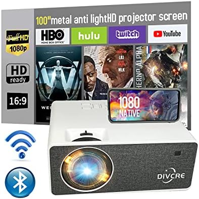 Собствен проектор 1080P WiFi, Bluetooth (със 100-инчов метален екран за предпазване от светлина), преносим проектор DIVCRE 9000L