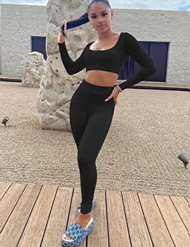 Жена Тренировъчен спортен костюм Kaximil, Комплект Дрехи от 2 теми, Съкратен Топ с дълъг ръкав, Гамаши, Подходящи Комплекти