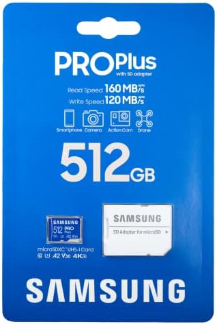 Samsung Pro Plus 2 Комплекта Карти памет 512 GB microSD карта за телефон, Дрона, екшън-камера 160 MB/с UHS-I, U3, A2, V30 Full HD и 4K UHD (MB-MD512KA) В комплект с 1 устройство за четене на карти памет на ?
