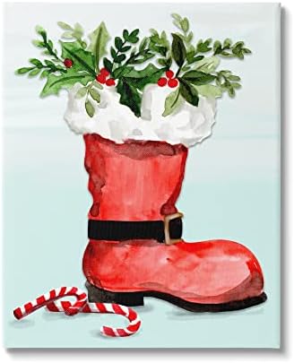 Леденцовые бастуни Stupell Industries Red Santa Boot от Остролиста с Ботаническата букет, дизайн Кейт Eldridge