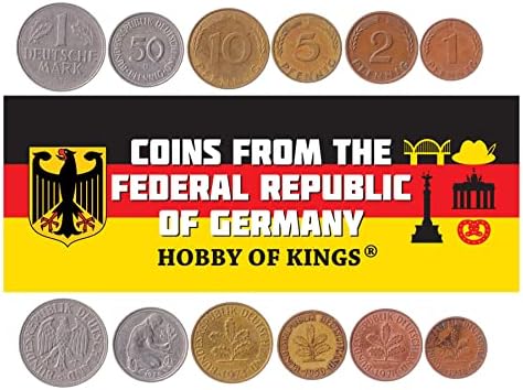6 Монети от Германия | Колекция немски набор от монети 1 2 5 10 50 Пфеннигов 1 Немска марка | В обращение 1990-2001 | Орел | Фиданка Дъб