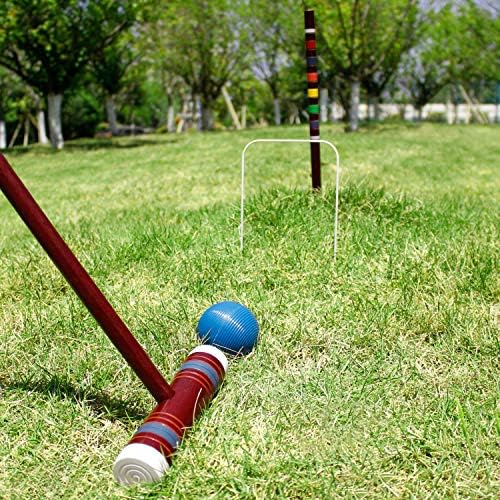 Луксозен комплект за игра на крокет Juegoal на шест играчи с дървени чукове, цветни топки, здрава чанта за възрастни и деца, идеална за косене на трева, двор и парк, 28 Инч