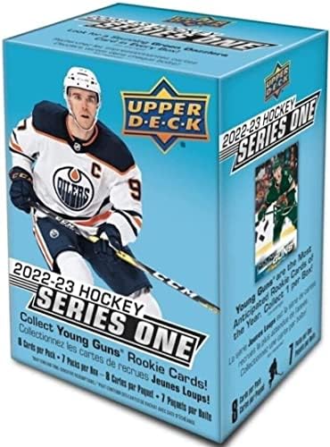 2022-23 НХЛ Горната палуба серия 1 Хокейна фабрика Запечатанная кутия за blasters 56 карти: 7 до 8 тестета карти в картонена опаковка. Възможни карти начинаещи YOUNG GUNS включват