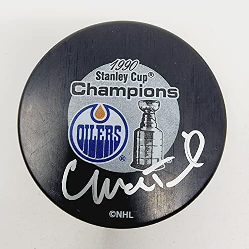 Крейг Мактавиш подписа договор с хокейна шайба с логото на НХЛ Едмънтън Ойлърс на Купа Стенли 1990 г. с безплатен dice