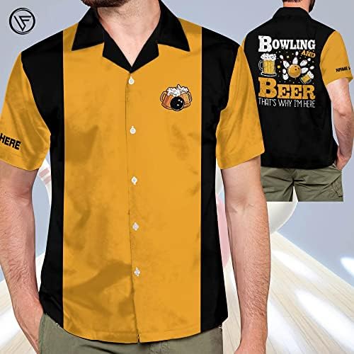 LASFOUR Потребителски Забавни Риза за Боулинг и Ретро, Жълта Реколта Хавайска Риза с Копчета с Къс Ръкав за Боулинг