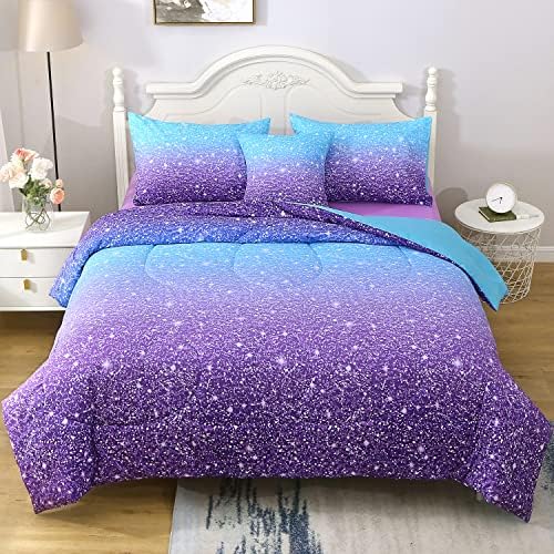 Комплект спално бельо JQinHome с пайети, двоен размер, легло в леглото от 6 теми, 3D Цветен комплект спално бельо цвят Омбре