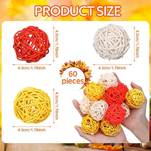 60 Бр. Плетени топки от ратан за Деня на Благодарността, Пълнители за вази от ратан, Централна част, Оранжеви, Бели, Жълти,
