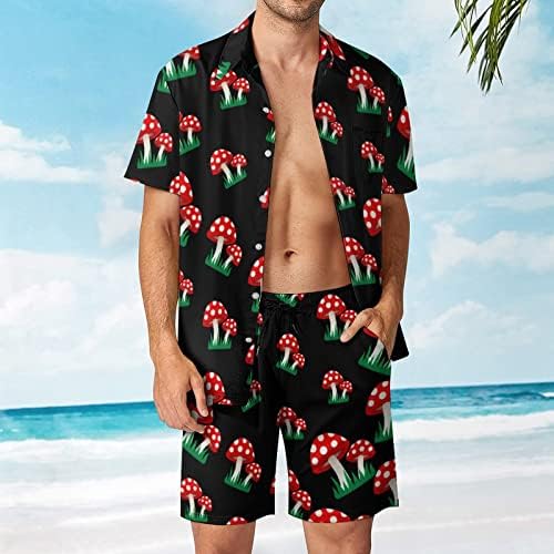 Мъжки плажни дрехи WEEDKEYCAT Red Mushroom от 2 теми, Хавайска Риза с копчета с Къс ръкав и къси Панталони, Комплекти за