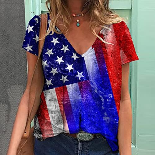 Жена Топ с къс ръкав, Дълбоко V-Образно Квадратен Силует, САЩ, Денят на Независимостта, Звезда, Графична Блуза за Късна